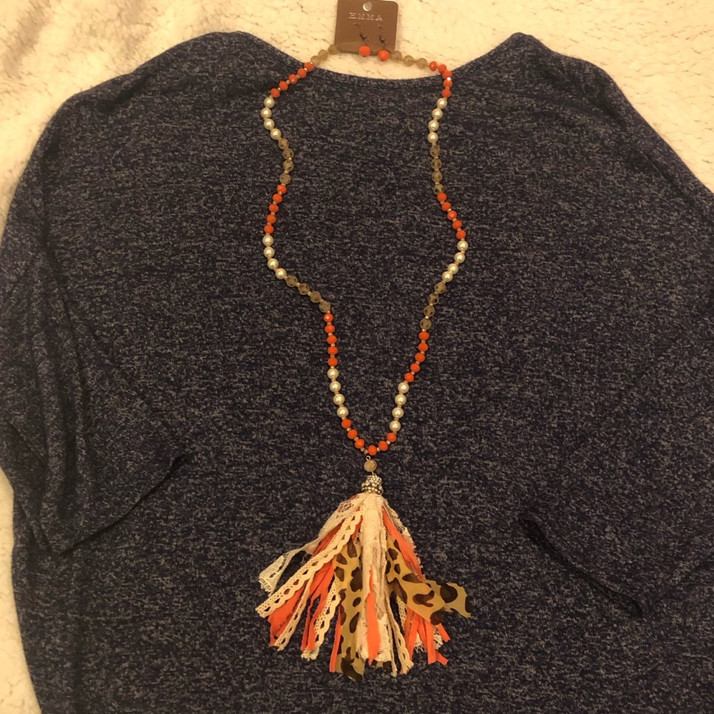 Leopard print tassel necklace with earrings